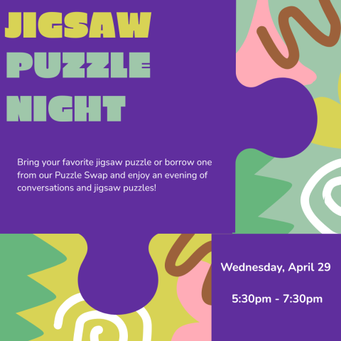 Jigsaw Puzzle Night featuring purple puzzle pieces and colorful background