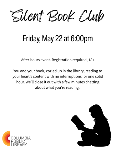 Black and white flyer with black image of individual reading 