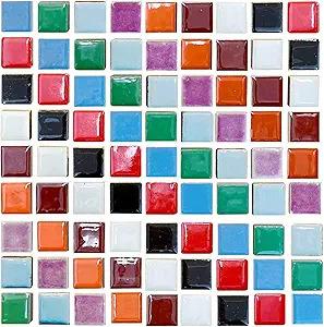 Photo of multicolored square mosaic tiles.