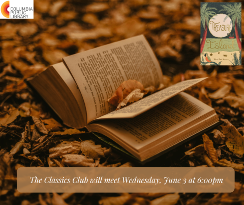 Classics Club book club flyer featuring a book and leaves in sepia colors