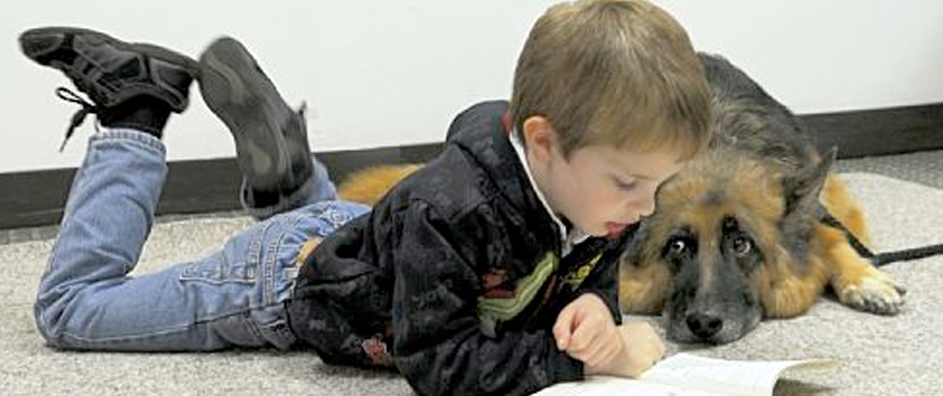 Boy on the floor reading to a German Shepherd. 