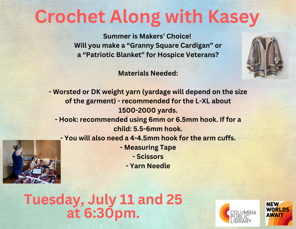 Crochet with Kasey. Projects are Maker's Choice of a veterans blanket or granny square cardigan/ 