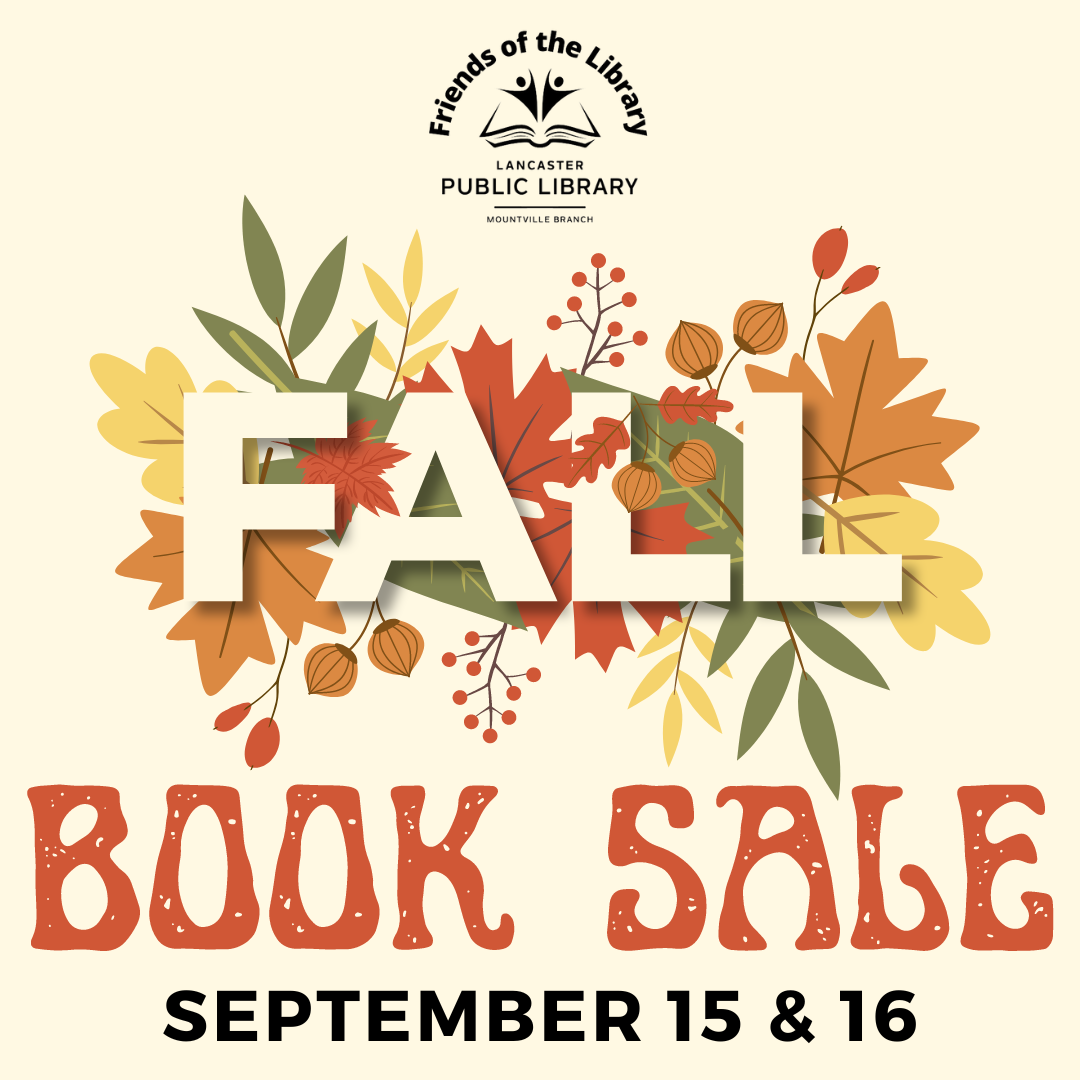 A background of green, orange, and yellow leaves with the words Fall Book Sale in the foreground