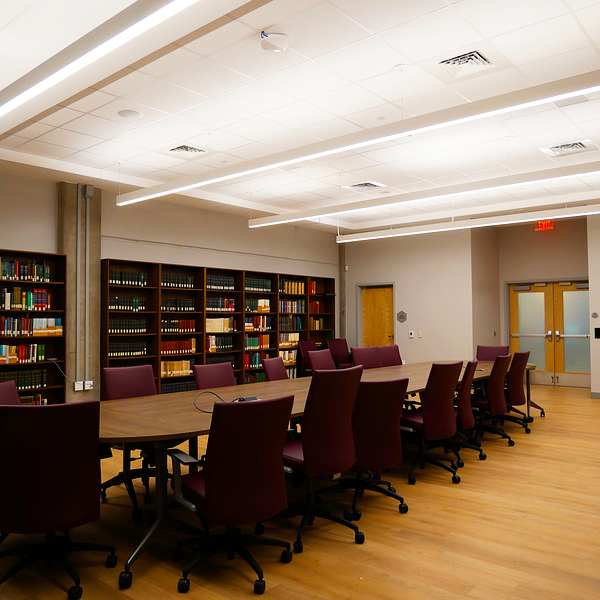 Board room with a bookshelf