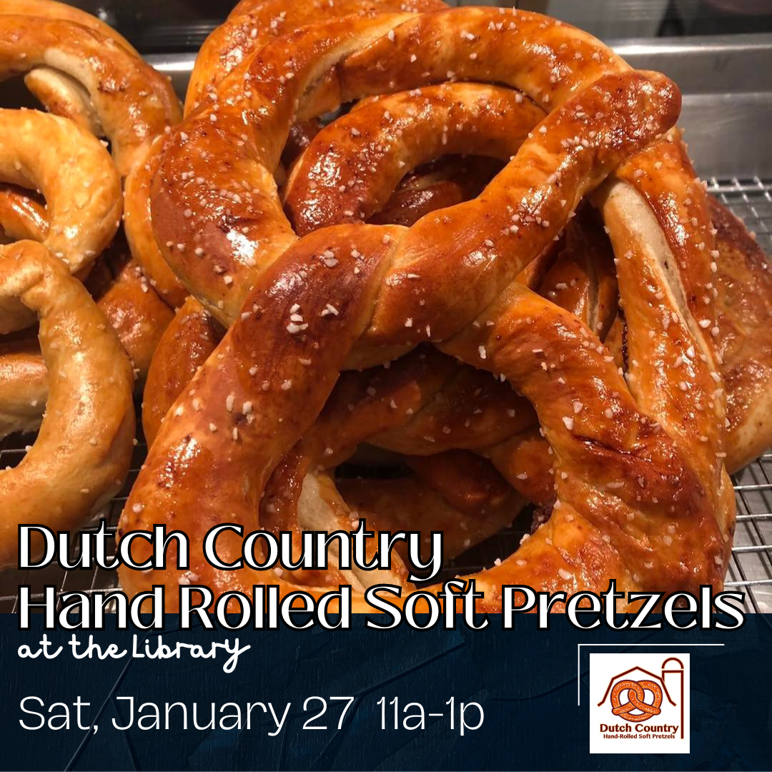 close up of soft pretzels with event date