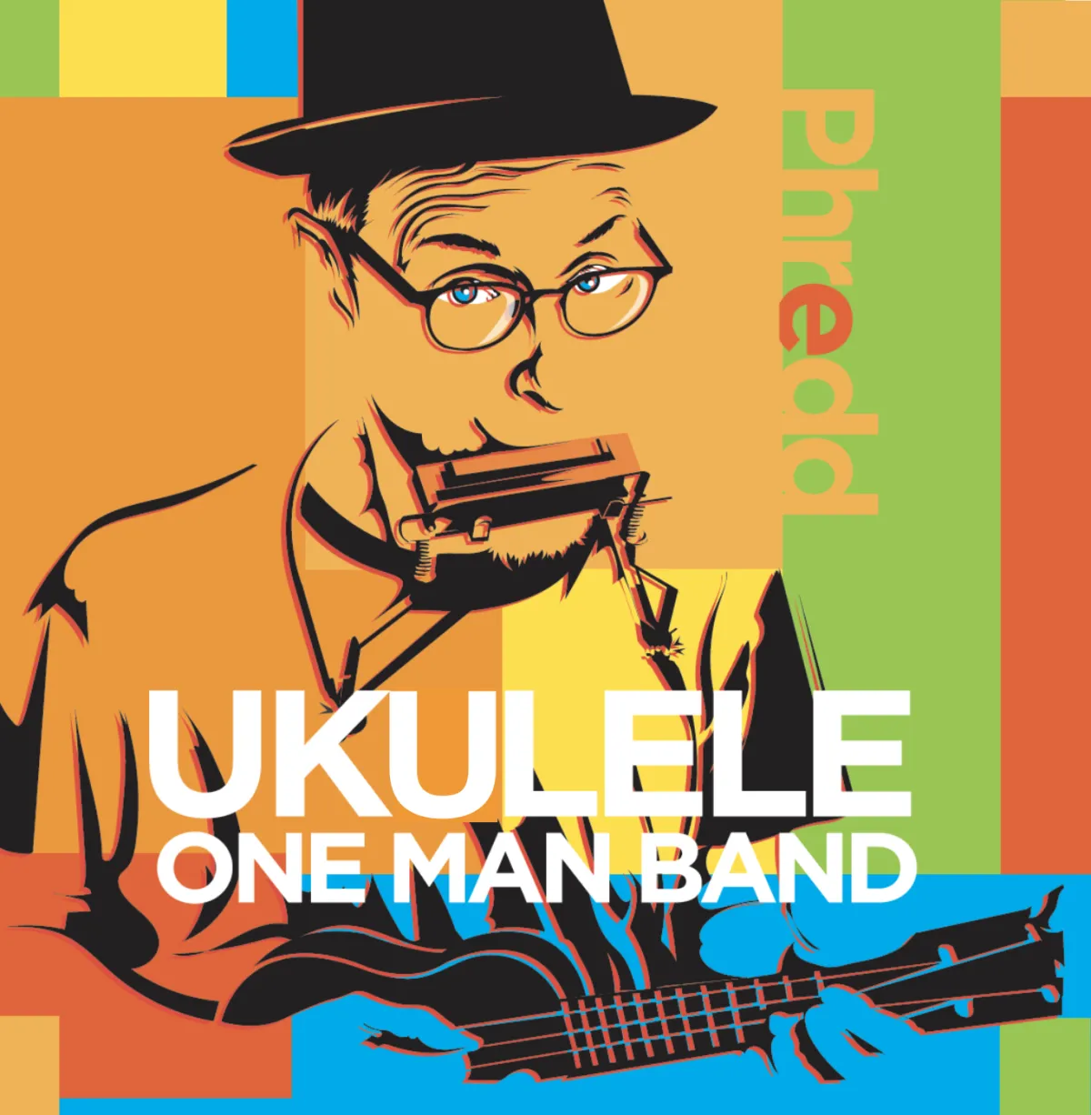 colorful image of man playing harmonica and holding ukulele