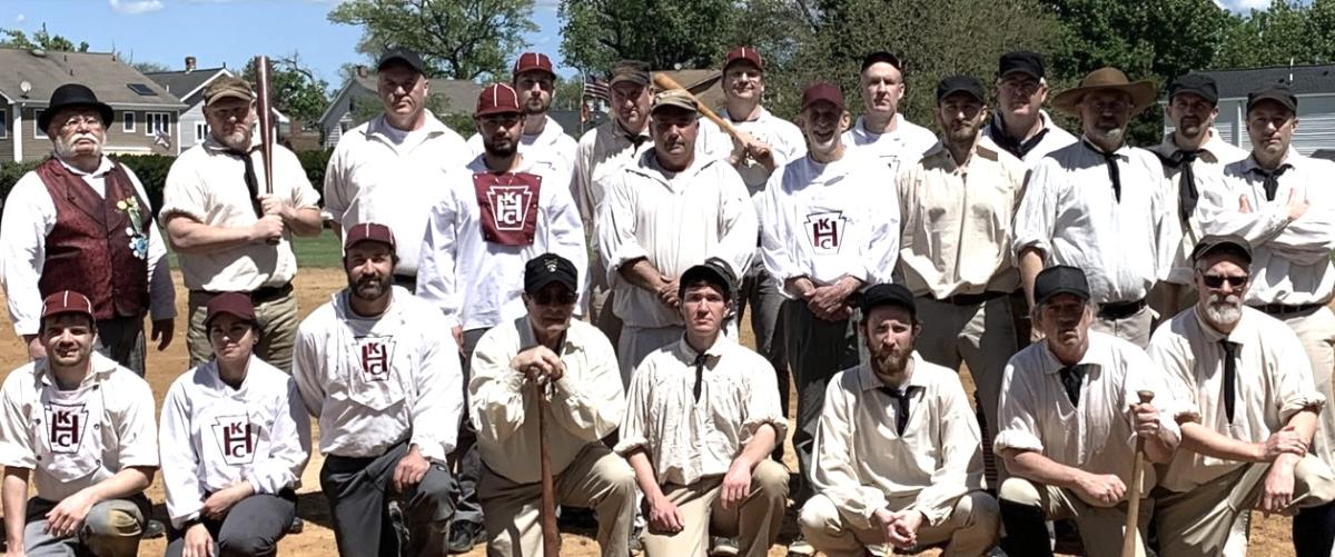 1864 Vintage Base Ball doubleheader at Janson Park between the Keystones of Harrisburg and the Monmouth Furnace—both teams pictured during their 2023 meeting in Freehold, NJ.