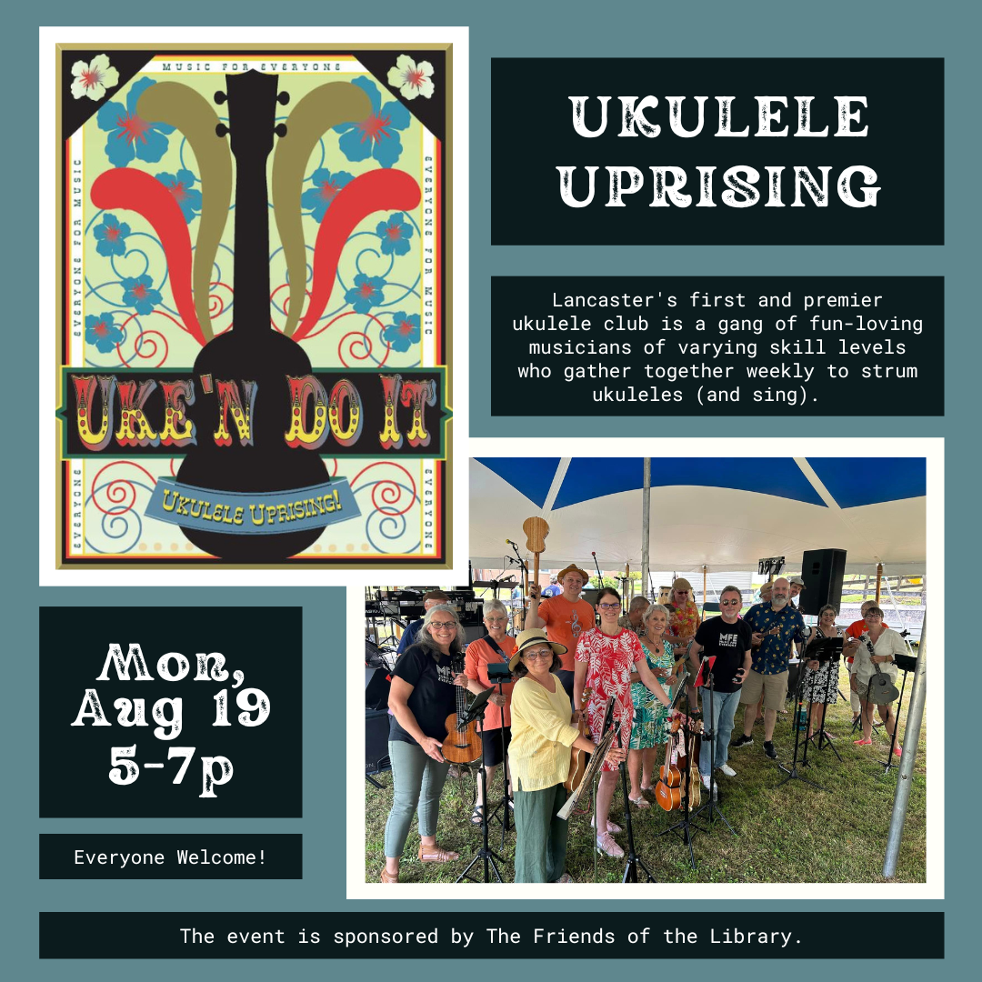 Ukulele group photo, logo, and program details