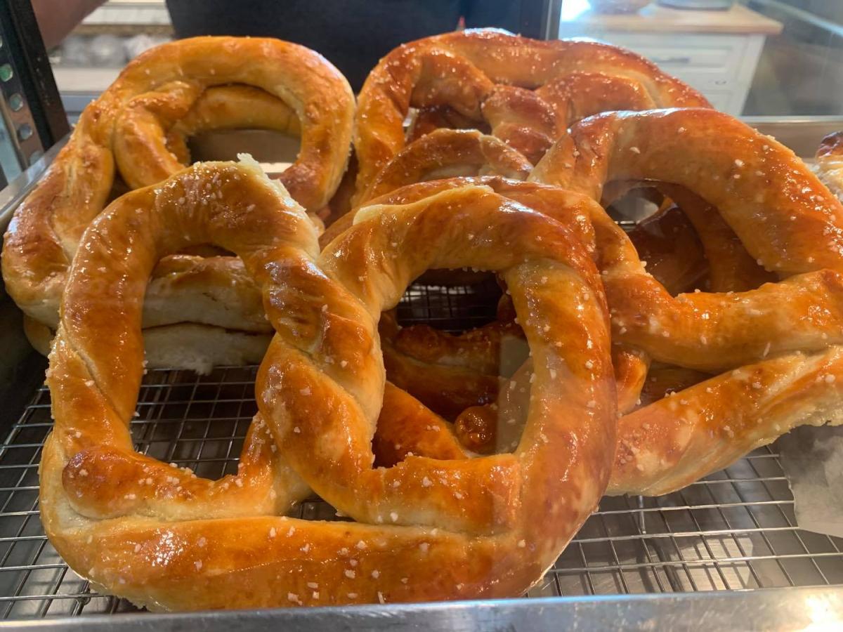 closeup of fresh soft pretzels