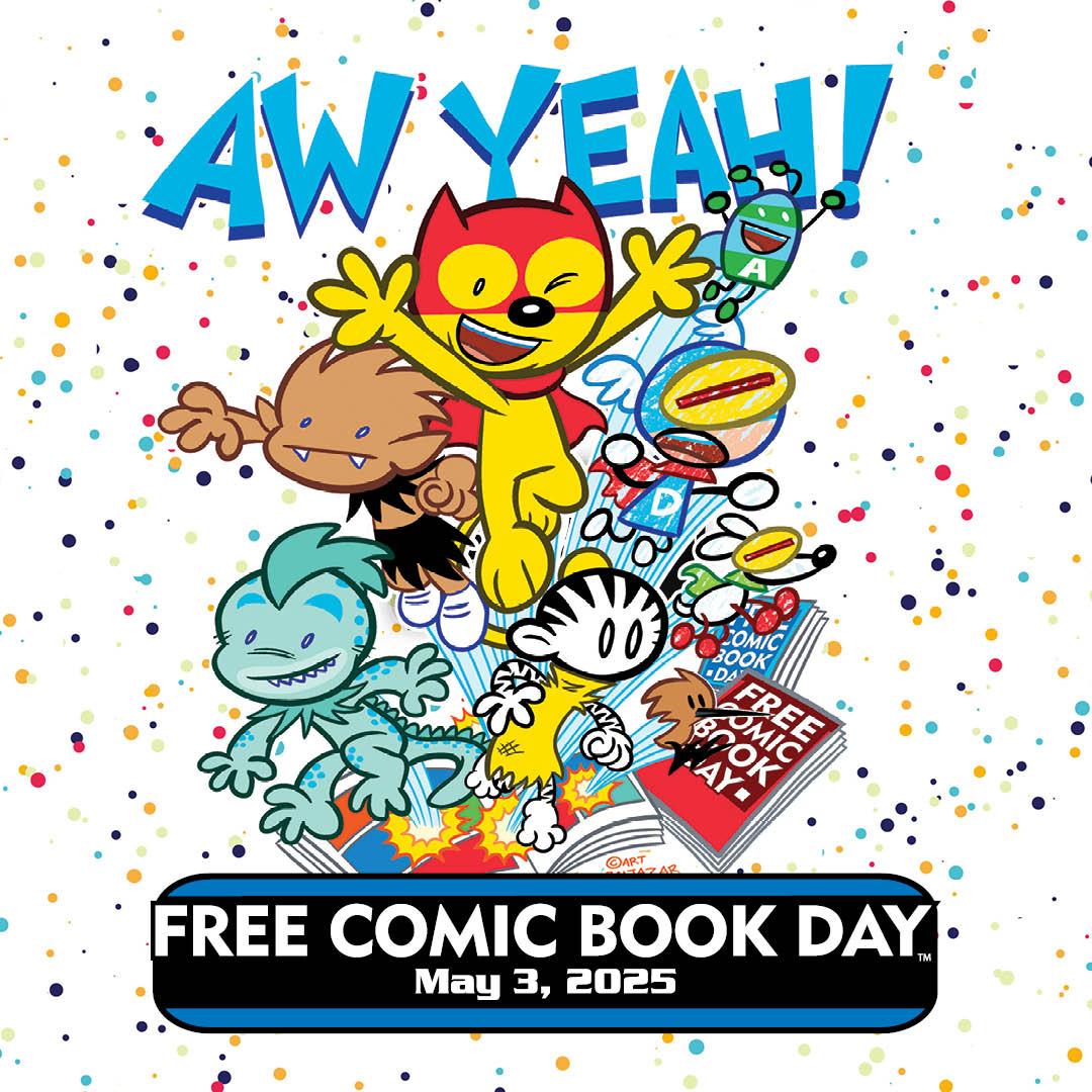 Free Comic Book Day logo with colorful animal characters 