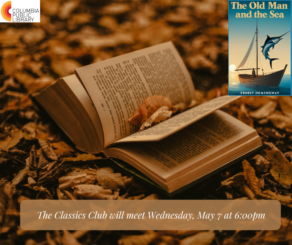 Classics Club flyer featuring a book and leaves in sepia coloring. 