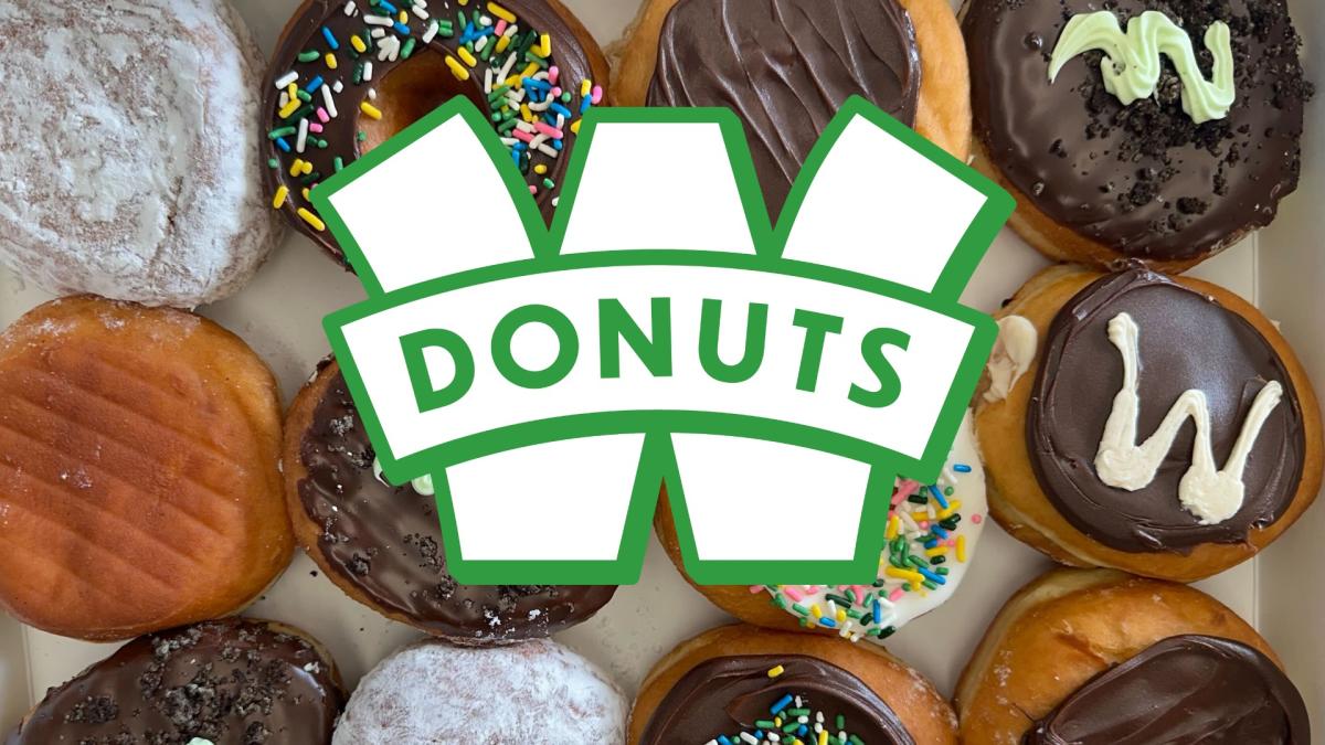 iced donuts in the background and a white W outlined in green, "donuts" in green on tip of the W