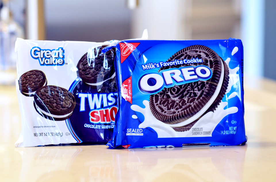 Package of Oreo Cookies with a generic version.