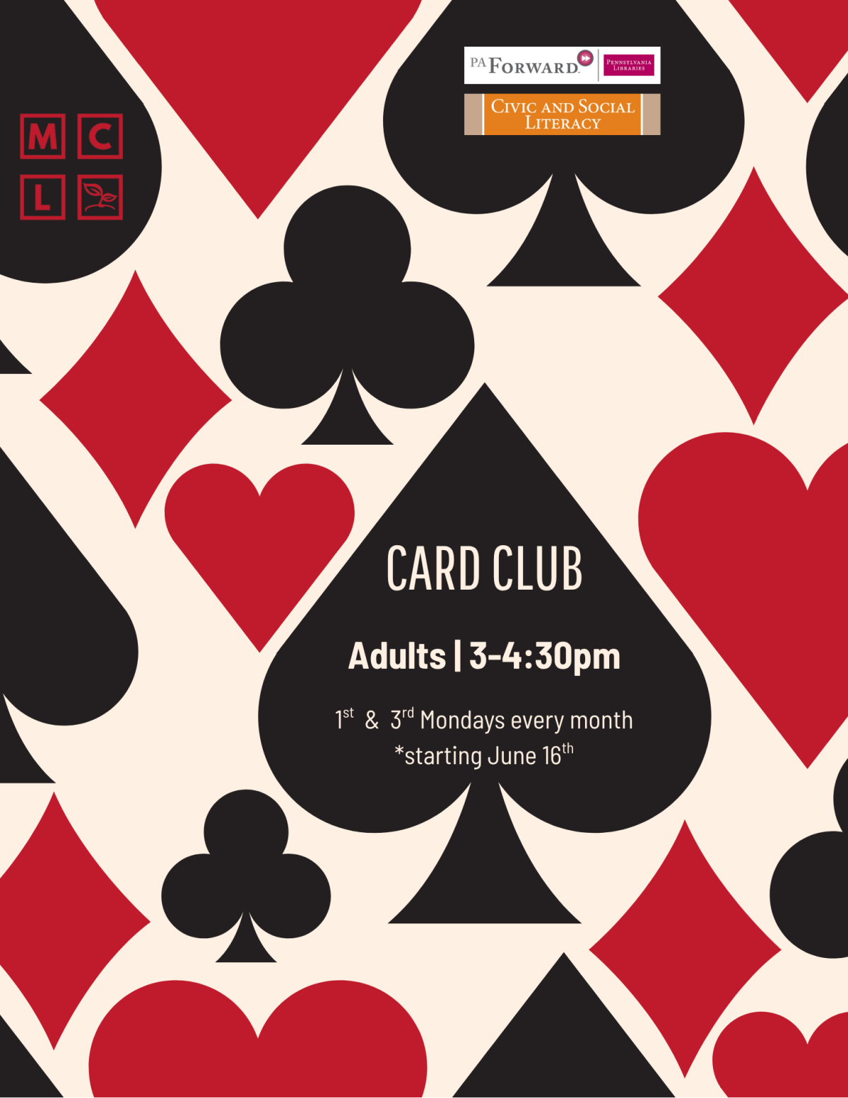 Card Club 1st and 3rd Mondays from 2:30-3:30pm