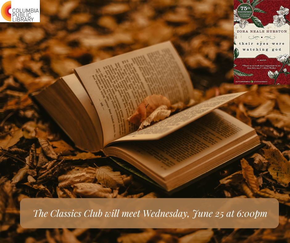Classics Club book club flyer featuring a book and leaves in sepia colors