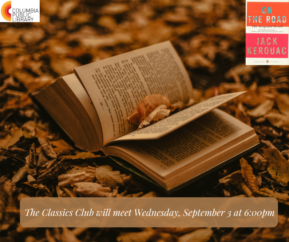 Classics Club book club flyer featuring a book and leaves in sepia colors