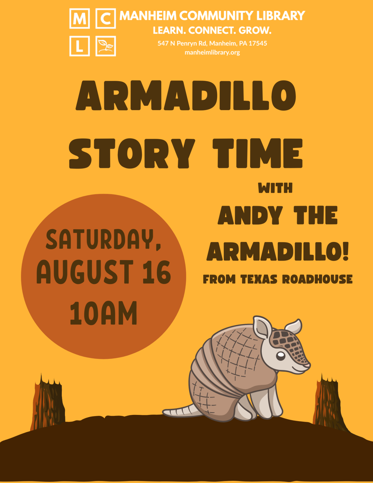 Armadillo Story Time with Andy the Armadillo on Saturday August 16th at 10am