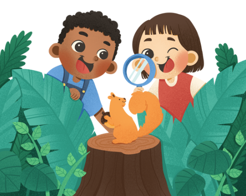 Clipart of children looking at a squirrel.