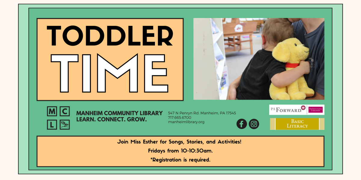 Toddler Time on Fridays at 10am for babies 12 months-24 months.