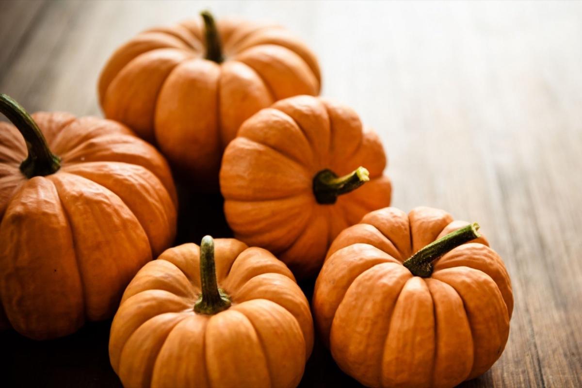 Five miniature pumpkins laying in a pile on a wooden table