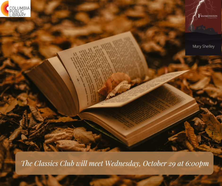 Classics Club book club flyer featuring a book and leaves in sepia colors