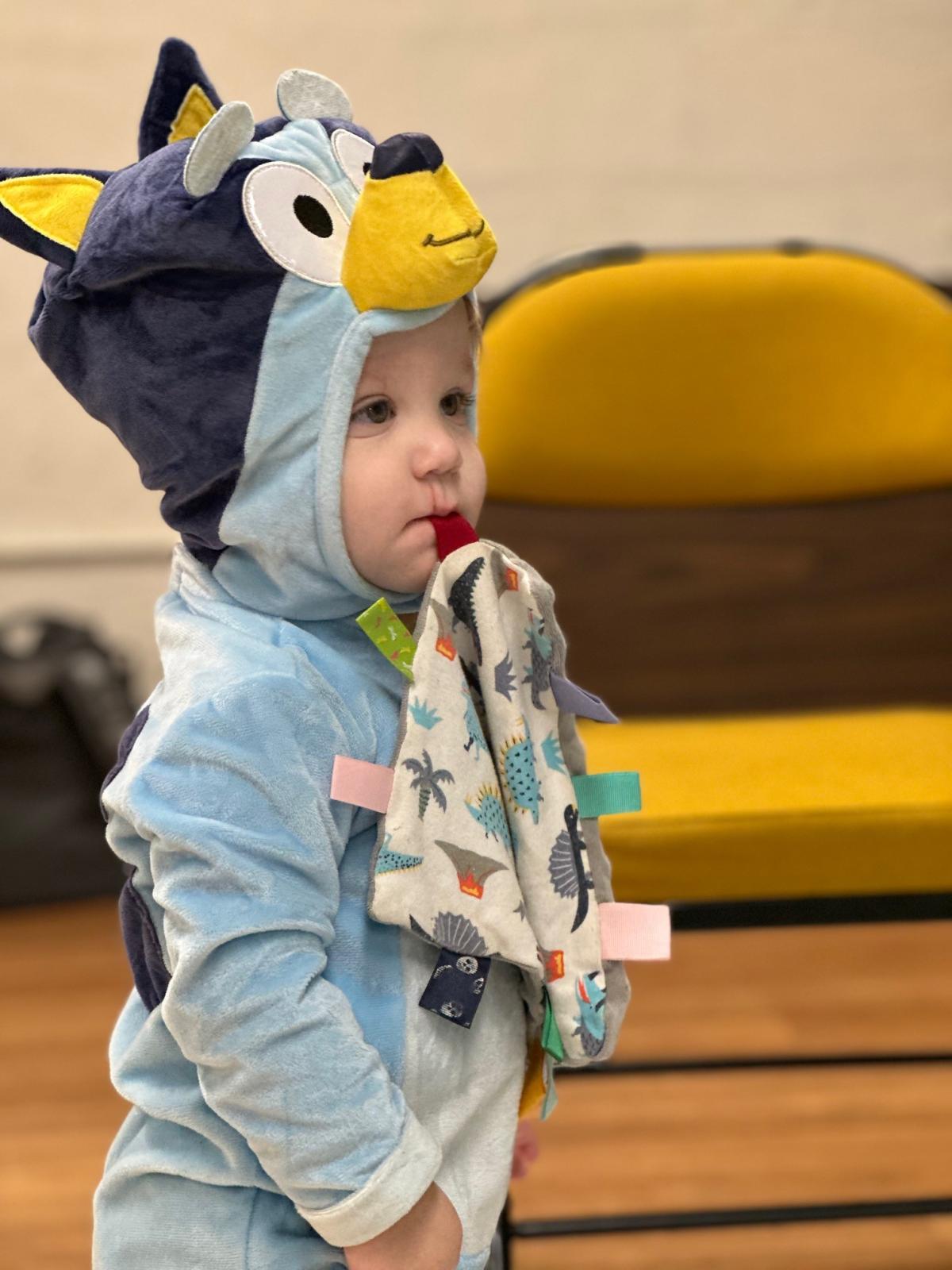 Child wearing bluey costume with taggie blanket in mouth