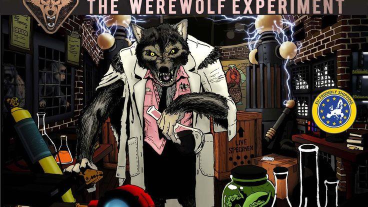 Picture of board game box for "The Werewolf Experiment." Depicts a werewolf in a lab coat