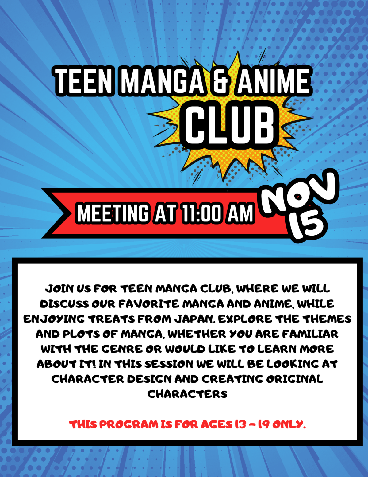 Teen Manga and Anime Club poster with date and time for November 11 at 11:00 AM.