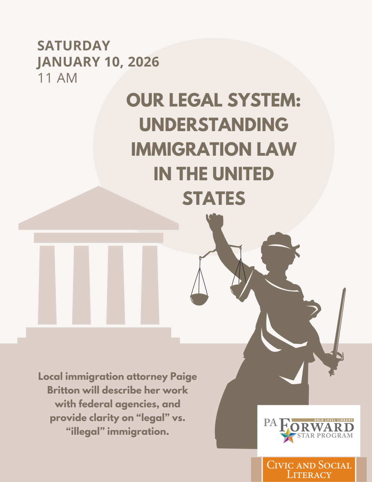 Lady justice with program description