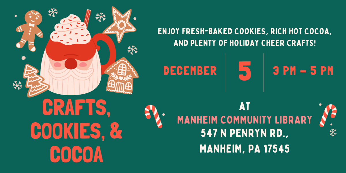 Christmas Crafts Cookies and Cocoa on December 5th from 3-5pm image with Santa mug and details.