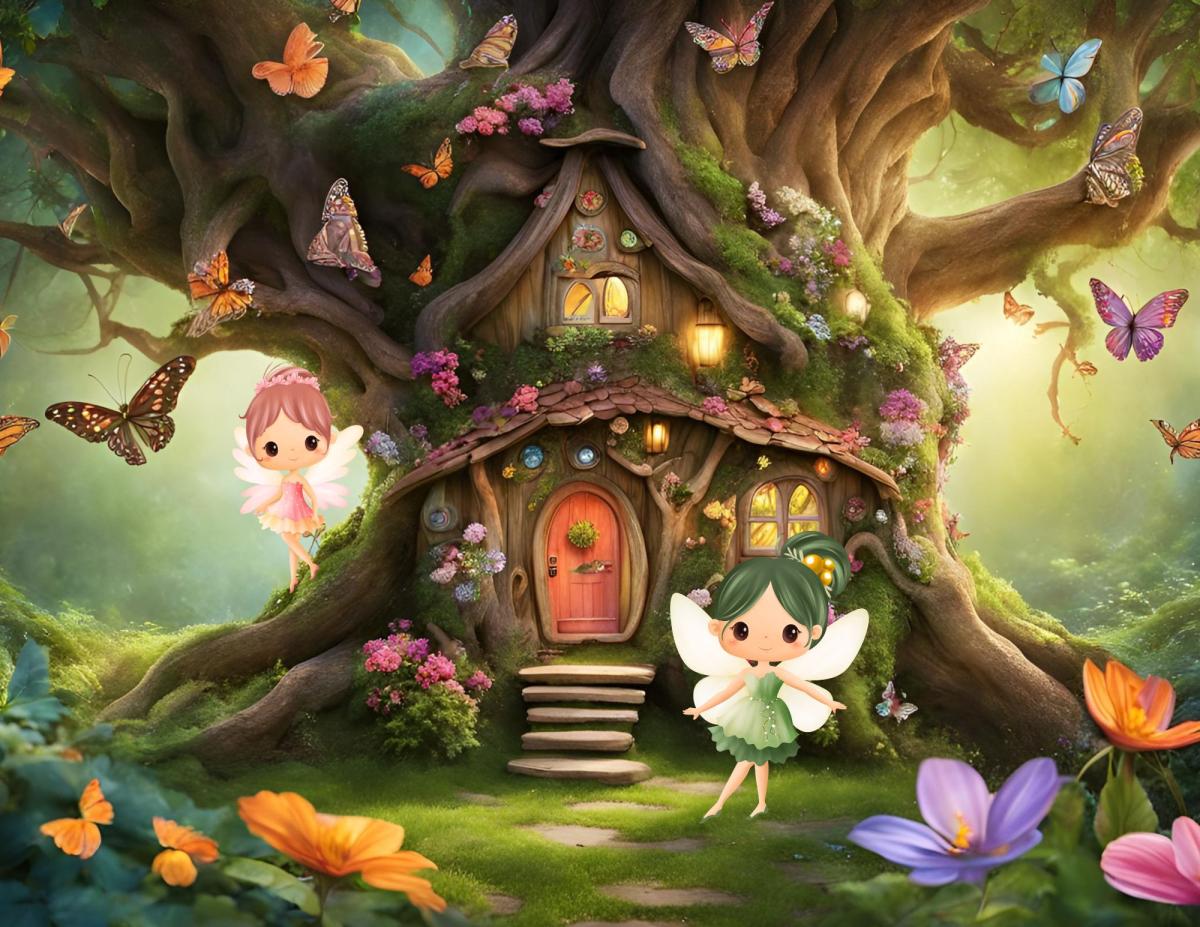 Image shows fairies around a fairy house in a tree
