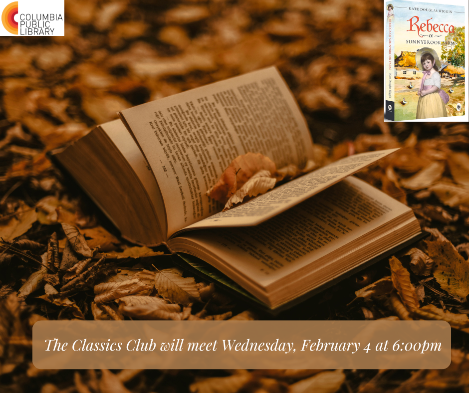 Classics Club book club flyer featuring a book and leaves in sepia colors