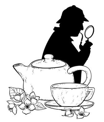 Detective silhouette and a tea set. 