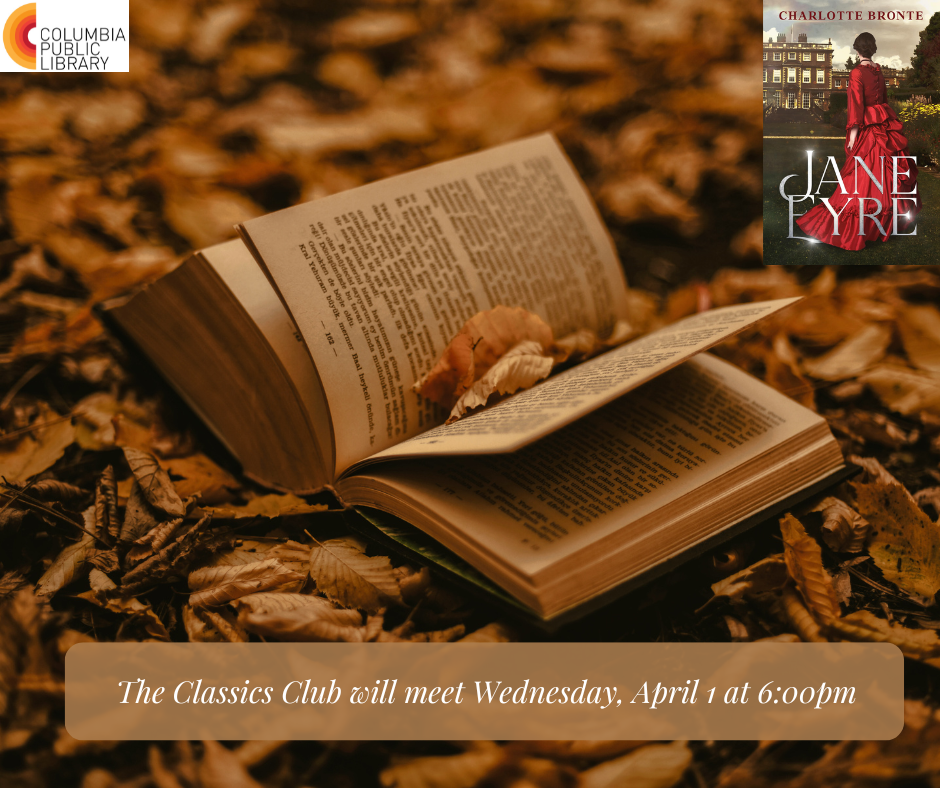 Classics Club book club flyer featuring a book and leaves in sepia colors