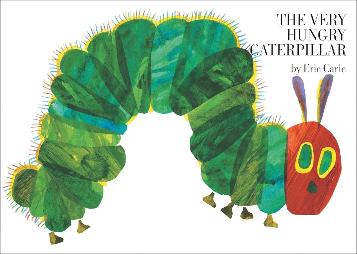 Photo of Cover of Very Hungry Caterpillar featuring caterpillar with green body and red head. 