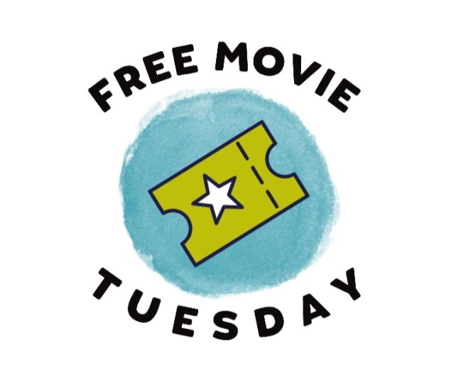 Text says Free Movie Tuesday and there is a green ticket in a blue circle