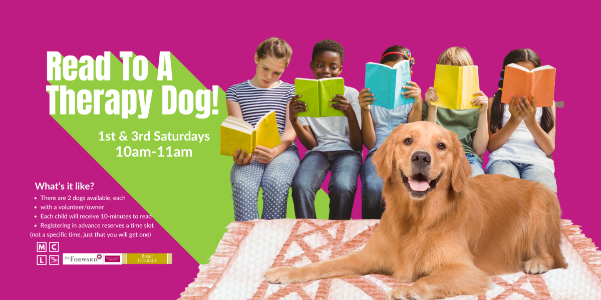 Image of Dog & Kids to promote the Read to a Therapy Dog program.