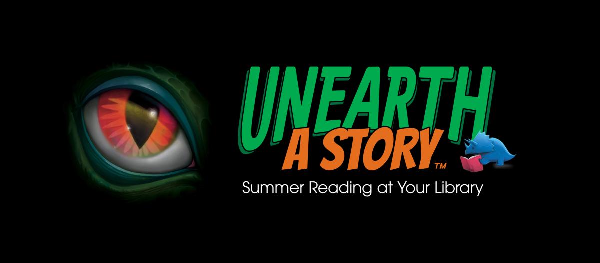 Banner with dark background and a dinosaur eye to the left. Image says "Unearth a Story" 
